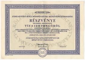 Jászapáti 1926. Jászapáti-i Kölcsönpénztár Részvénytársaság részvénye 10P-ről szelvényekkel T:II
