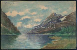 Olvashatatlan jelzéssel (Bércy?): Hegyvidéki tó, 1908. Akvarell, papír, kissé sérült. 18x28 cm