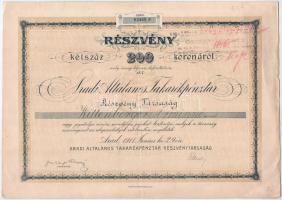 Arad 1911. Aradi Általános Takarékpénztár Részvénytársaság részvénye 200K-ról bélyegzéssel T:III