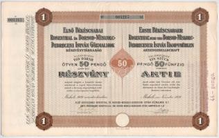 Miskolc 1936. Első Békéscsabai Rosenthal és Borsod-Miskolc-Debreceni István Gőzmalmok Részvénytársaság részvénye 50P-ről, német és magyar nyelven, szelvényekkel, bélyegzéssel T:II-