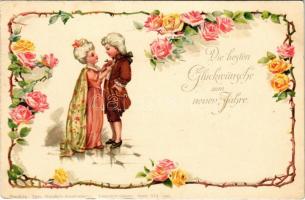 Die besten Glückwünsche zum neuen Jahre / Gyerekek / Children. Theo. Stroefers Kunstverlag Aquarell-Postkarte Serie XVI. Nr. 966. floral litho