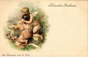 Gyerekek / Die Elemente von A. Zick. Künstler-Postkarte / Children litho
