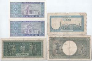 Románia 1941. 1000L + 1945. 5000L + 1947. 1.000.000L + 1966. 100L (2x) T:III,III-
Romania 1941. 100...