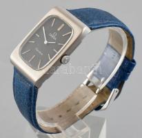 Omega mechanikus férfi karóra, kék bőr szíjjal, működik, kopott, d:27mm