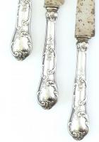 Ezüst (Ag) markolatú 12 db kés, jelzés nélkül, kopott, korrodált, dobozban, h:25cm, bruttó:800g