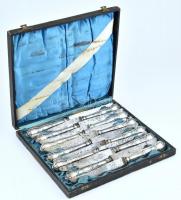 Ezüst (Ag) markolatú 12 db kés, jelzés nélkül, kopott, korrodált, dobozban, h:25cm, bruttó:800g