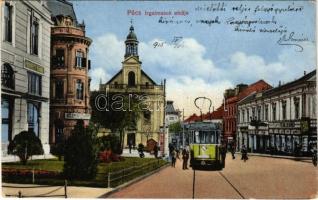 1915 Pécs, Irgalmasok utcája, villamos, Lang H. Fia üzlete (EK)
