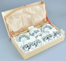 Hollóházi MALÉV szignós virág mintás kávés szett dobozban, matricás porcelán, jelzett, hibátlan
