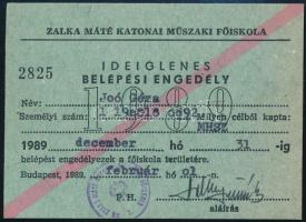 1989 Zalka Máté Katonai Műszaki Főiskola belépési engedélye