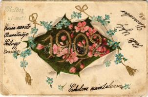 1902 Boldog újévet! Dombornyomott virágos / New Year greeting, embossed floral litho (EB)