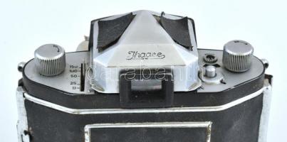 Régi Exa Jhagee Dresden márkájú fényképezőgép, Carl Zeiss Jena 2,8/50 ogjektívvel, kopott bőr tokban