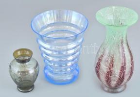 3db üveg váza, irizáló kék üvegváza m:16cm, hibátlan, WMF Ikora Karl Wiedermann tervezte váza 1930 körül, sérült peremmel, m:20cm, muránói ezüsttel festett váza, kopásnyomokkal, m:10cm