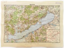 cca 1936 A Balaton térképe, 1:200.000, Bp., M. Kir. Balatoni Intéző Bizottság, a hátoldalon leírással, túra ajánlásokkal, hajtott, bélyegzéssel, 25,5x42,5 cm