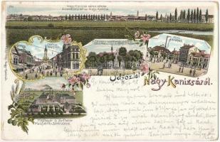 1898 (Vorläufer) Nagykanizsa, Fő utca és tér, Malátagyár és serfőzde, Eötvös tér, Szentháromság szobor. Fischel Fülöp kiadása, Art Nouveau, floral, litho (kis szakadás / small tear)