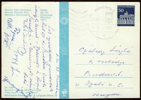 1972 Üdvözlőlap a müncheni olimpiáról Papp László, Adler Zsigmond és más sportolók aláírásaival