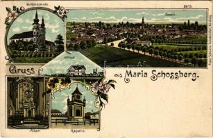 1914 Sasvár, Mária Sasvár, Maria-Schlossberg, Sastín (Sasvár-Morvaőr, Sastín-Stráze); Wallfahrtskirche, Bahnhof, Klosterplatz / Búcsújáró templom, vasútállomás, vonat, gőzmozdony, Kolostor tér / pilgrimage church, railway station, locomotive, train, square. Art Nouveau, floral, litho