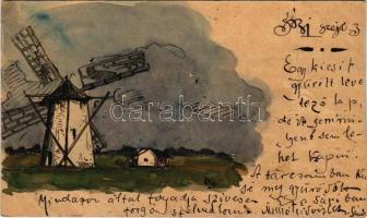 1899 (Vorläufer) Sári (Dabas), szélmalom. Tus és akvarell rajz Thaisz Mariskának címezve / windmill s: Nagy Sándor (1869-1950) (fa)