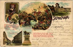 1901 Szigetvár, Várrom, Zrínyi halála és szobra, Biedermann utca. Corvin könyvnyomda, floral litho + BROD-NAGYKANIZSA 26 vasúti mozgóposta (EK)