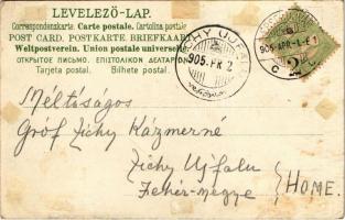 1905 Budapest XIII. Margitsziget. Magyar címeres és bélyeges díszes képeslap. Philatelie-Ansichtskar...