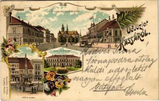 1896 (Vorläufer) Kassa, Kosice; Fő utca, lóvasút, Gazdasági tanintézet, Mária szobor. Koczányi és Vitéz kiadása / main street, horse-drawn tram, school, statue. Art Nouveau, floral, litho (Rb)