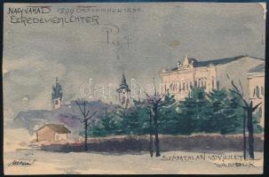 Nagy István (1873-1937): Nagyvárad, milleniumi emléktér 1899. Akvarell, papír, jelzett. Képeslapként elküldve. 9x14 cm