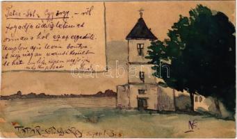 1899 (Vorläufer) Tatárszentgyörgy, templom. Tus és akvarell rajz Thaisz Mariskának címezve s: Nagy Sándor (1869-1950) (EK)
