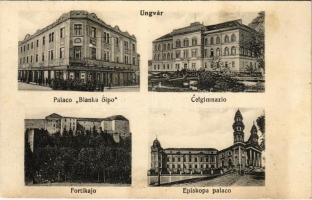 Ungvár, Uzshorod, Uzhhorod, Uzhorod; Palaco "Blanka Sipo", Cefgimnazio, Fortikajo, Episkopa palaco / Rosenfeld S., Steinfeld Dezső üzlete, Főgimnázium, vár, Püspöki palota / shops, grammar school, castle, bishop's palace (fl)