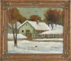 Gádor Emil (1911 - 1998): Tél. Olaj, farost, jelzett, dekoratív fakeretben, 50x60cm