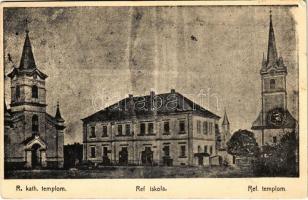 1915 Técső, Tiacevo, Tiachiv, Tyachiv; Római katolikus templom, Református templom és iskola. Szabó Lipót kiadása / Catholic church, Calvinist church and school (EK)