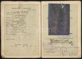 1923 Magyar Királyság által kiállított útlevél elfeketedett fotóval, német, osztrák, M. Kir. Folyamőrség bélyegzőkkel / Hungarian passport