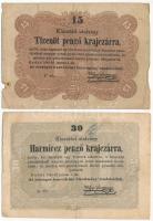 1849. 15kr + 30kr Kossuth bankó T:III kis szakadások, folt, kis anyaghiány Adamo G102, G103
