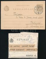 Prohászka Ottokár (1858-1927) autográf levelezőlapja és távirata Vértes Ö József részére