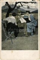 1917 Daheim. Kriegspostkarten von B. Wennerberg Nr. 3. / WWI German military art postcard, injured officer with ladies s: B.W. (EB)