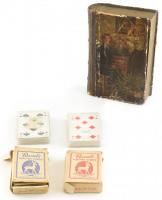 Antik könyv formájú, kopott kártyadoboz, benne 4 pakli retro kártya