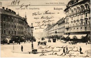 1904 Budapest XIII. Lipót körút, Café Vígszínház kávéház, villamos, üzletek. Divald Károly 213. sz.