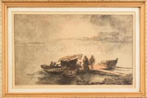 Görög Rezső (1930- ): Halászok. Színezett rézkarc, papír, jelzett, üvegezett fa keretben, 23,5×38,5 cm