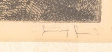 Görög Rezső (1930- ): Halászok. Színezett rézkarc, papír, jelzett, üvegezett fa keretben, 23,5×38,5 ...