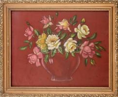 Jelzés nélkül: Rózsák. Akvarell, selyem. Üvegezett, sérült fa keretben, 42×56 cm
