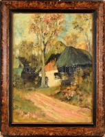 Jelzés nélkül: Táj házzal. Olaj, vászon. Dekoratív, sérült fa keretben, 50×39,5 cm