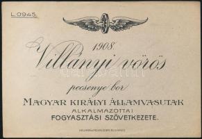 1908 Villányi vörös pecsenye bor, Magyar Királyi Államvasutak Alkalmazottai Fogyasztási Szövetkezete italcímke
