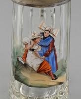 Ónfedeles üveg söröskorsó, régi, zománcfestett jelenettel, apró lepattanás, m:20cm