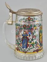 Ónfedeles üveg söröskorsó, régi, matricás díszítéssel, apró kopásokkal, m:18cm