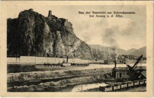 1925 Strekov, Schreckenstein (Ústí nad Labem, Aussig); Bau der Staustufe an d. Elbe / construction of the barrage, industrial railway