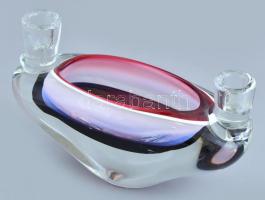 Muránói üveg gyertyatartó/asztali dísz, anyagában színezett, kis kopásnyomokkal, 20,5x7,5x13 cm