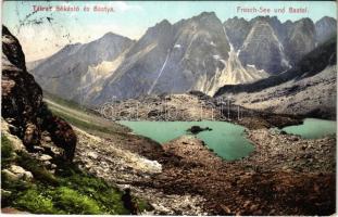 1909 Tátra, Magas-Tátra, Vysoké Tatry; Békás-tó és Bástya. Cattarino S. utóda Földes Samu kiadása / Frosch-See und Bastei / lake, mountains