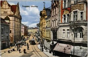 1919 Opava, Troppau; Oberring / square, tram, shops of Robert Zobel and L. Kyjo. (gluemark)