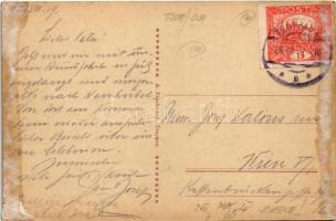 1919 Opava, Troppau; Oberring / square, tram, shops of Robert Zobel and L. Kyjo. (gluemark)