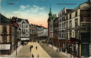 1916 Opava, Troppau; Oberring, Zwischenmärkten, Sodawasser Erzeugung, Eisenhandlung, Mieder, Hugo Haas / square, shops, tram (EK)