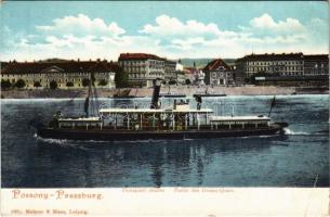 Pozsony, Pressburg, Bratislava; Duna-parti részlet, gőzhajó. Mehner & Maas kiadása / Danube riverside, steamship (EB)