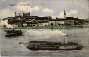 1914 Pozsony, Pressburg, Bratislava; vár, BUDAPEST gőzhajó. Kaufmann kiadása / castle, steamship (EK)
